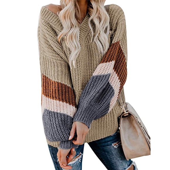 Chunky Knit Color Strip Sleeves Sweater - Picture 4 of 5